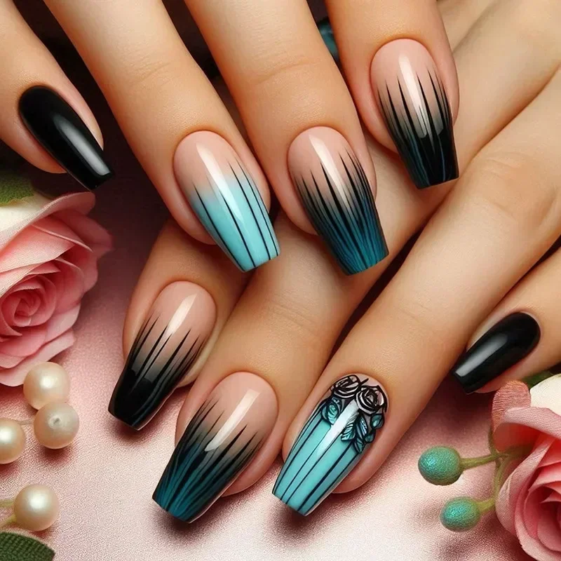 Ladder-Shaped Floral Ombre French Press-On Nails with Glue Strips - 24 Piece Set