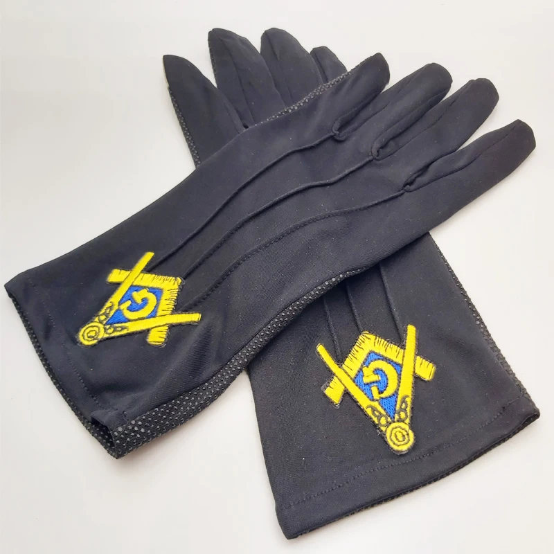 Black gold square and compass Masonic embroidery, polka dot plastic non-slip, touch screen, polyester gloves hot diamond square and compass masonic high quality middle east flat thermoset rhinestone polyester gloves [white]