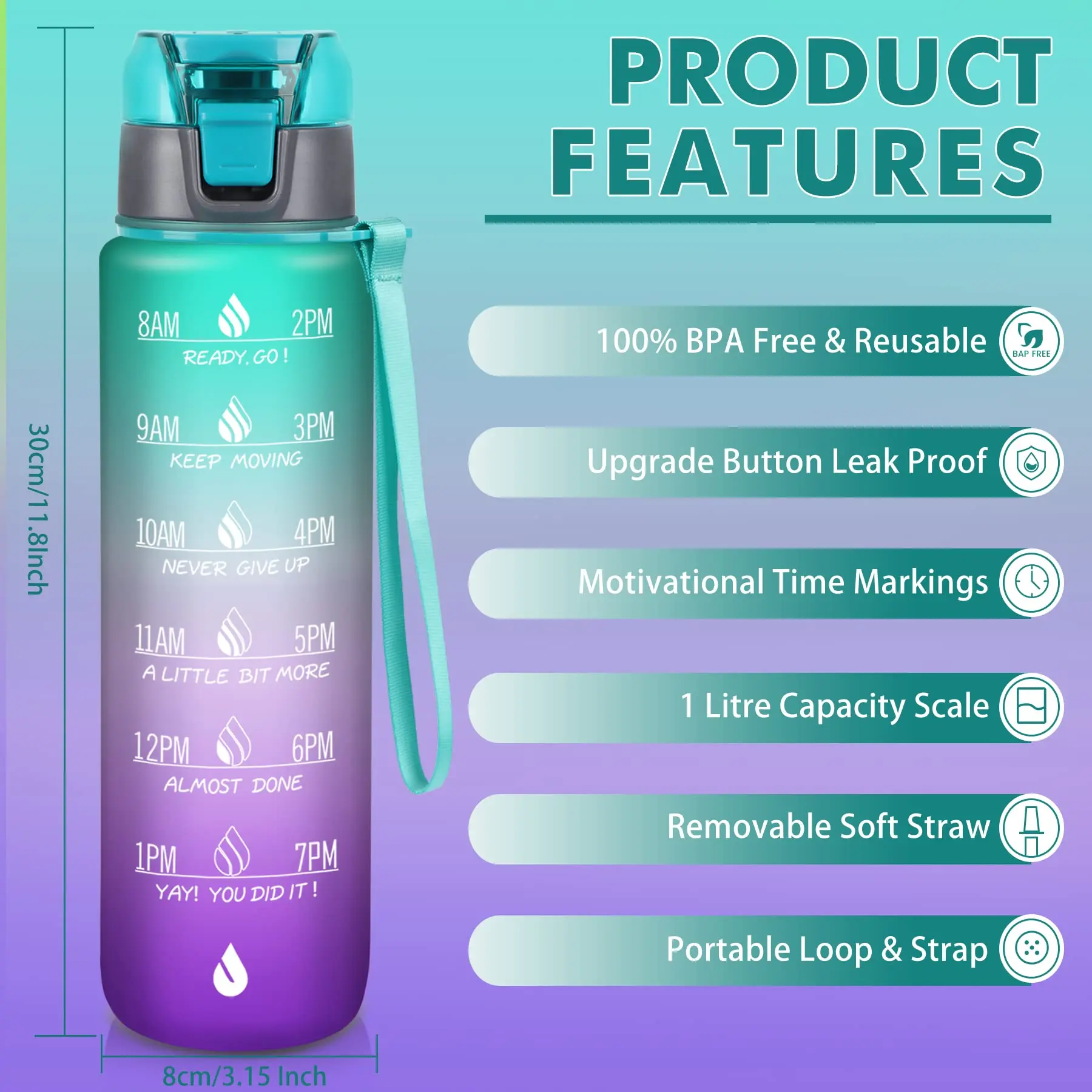 Description Picture 6 of item1000ML Motivational Water Sport Bottle with Time Marker Leakproof BPA Free Fruit 1 Liter Travel Kettle Drinking Water Bottl