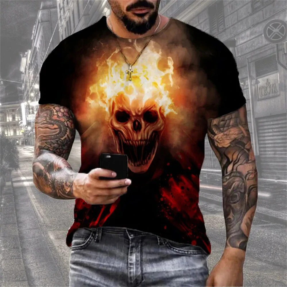 Mens 3D Skull T-Shirt - Black Gothic Short Sleeve Halloween Top