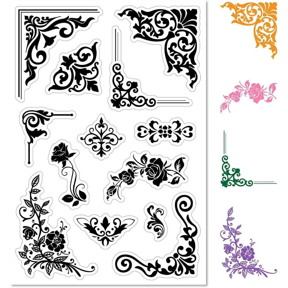 Vintage Flowers Clear Rubber Stamp Retro Flourishes Transparent Iron Valley Orchid Corner Silicone Seals 1pc