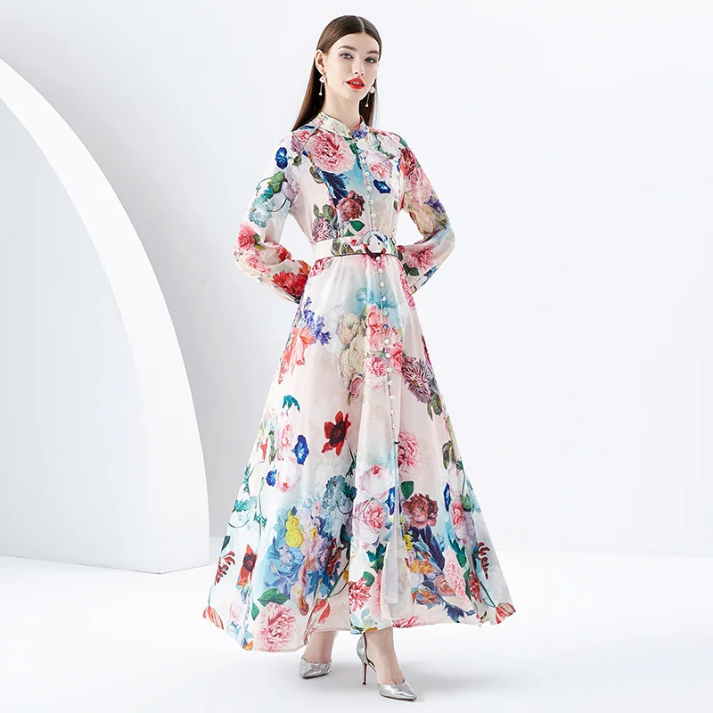 2023-new-fashion-elegant-party-dress-stand-collar-single-breasted-court-style-print-wide-swing-long-dress