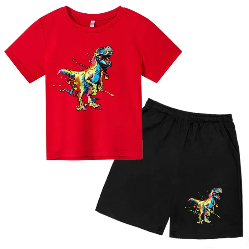 thumbnail image 1 of 2024 Nuevo traje de camiseta con estampado de grafiti para niños, diseño de dinosaurio, camiseta estampada + pantalones cortos, 2 piezas, conjunto de moda para niños y niñas, 1 of 5