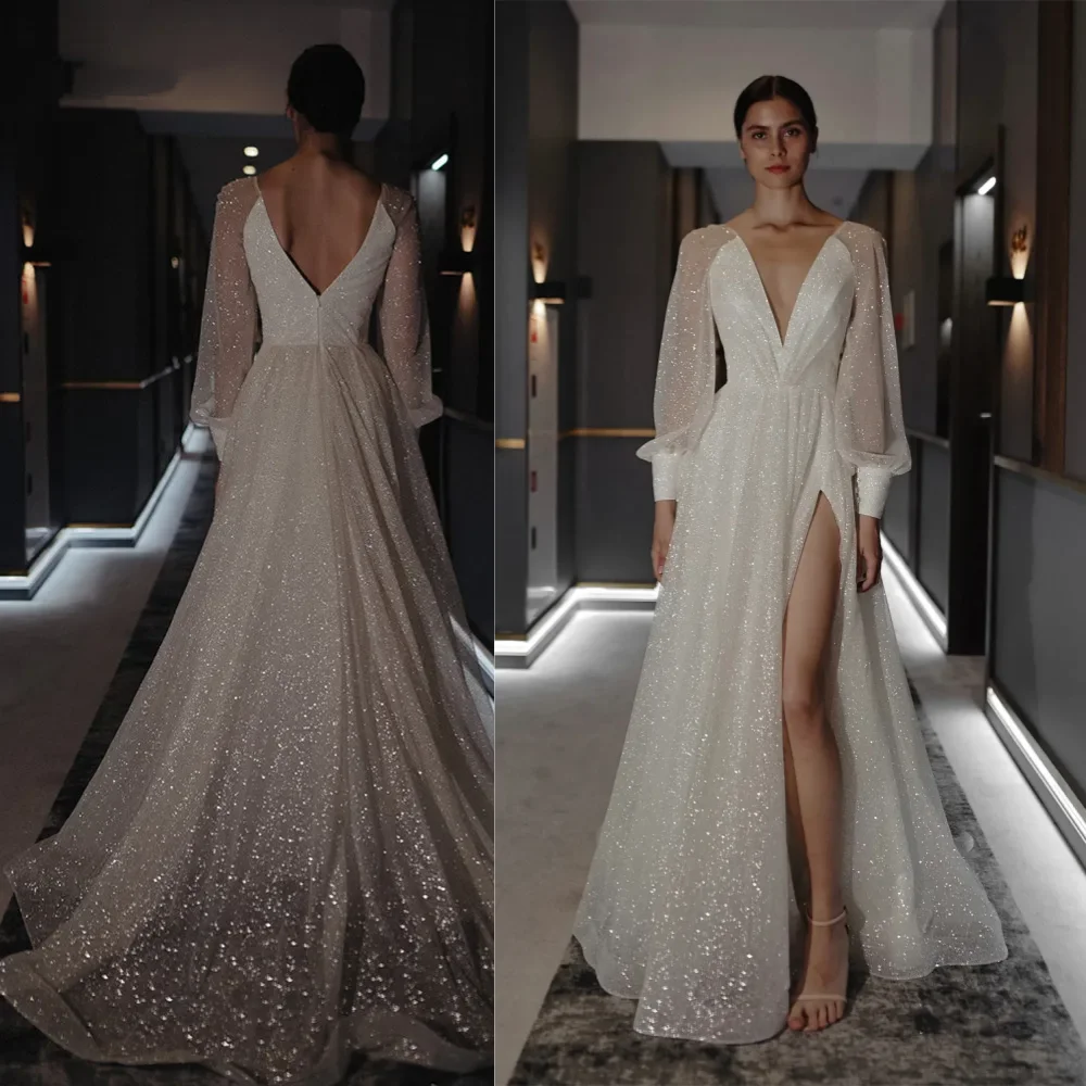

Exquisite V-neck A-line Wedding Dresses Paillette / Sequins Open back Tulle Organza Floor length Evening للحفلات الر
