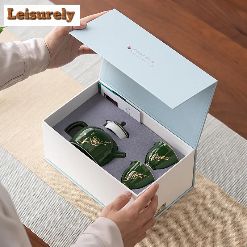 Emerald Green Ceramic Tea Set Complete Set Tea Ceremony Set Gold Stamping Lotus Teapot And Tea Cup Set Chinese Tea Set Ornaments