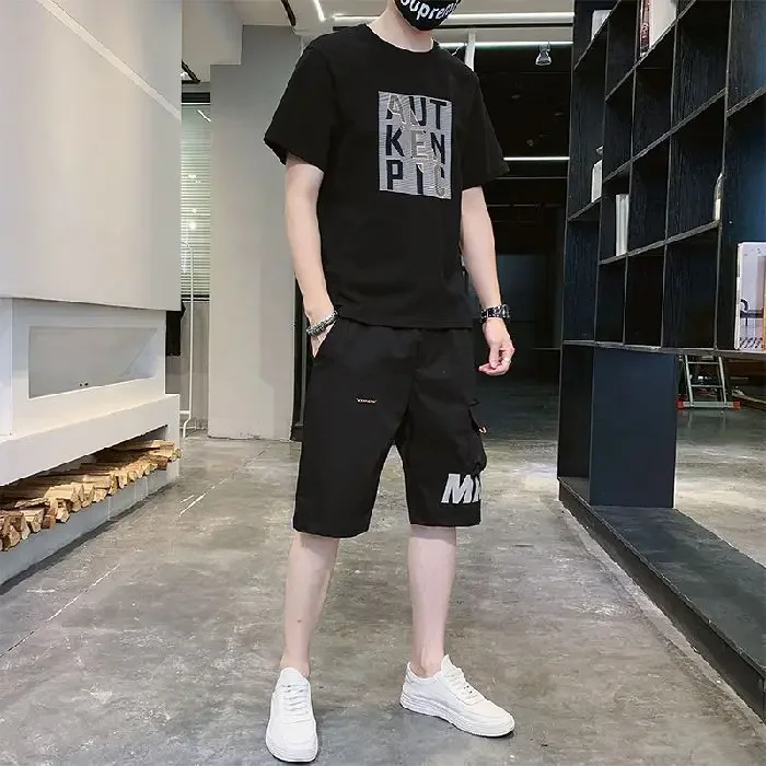 thumbnail image 1 of Conjunto de dos piezas para hombre, para correr, con letras, para trotar, color blanco, camisetas Kpop, pantalones cortos, trajes para hombre, ropa de verano, moda 2024, 1 of 5
