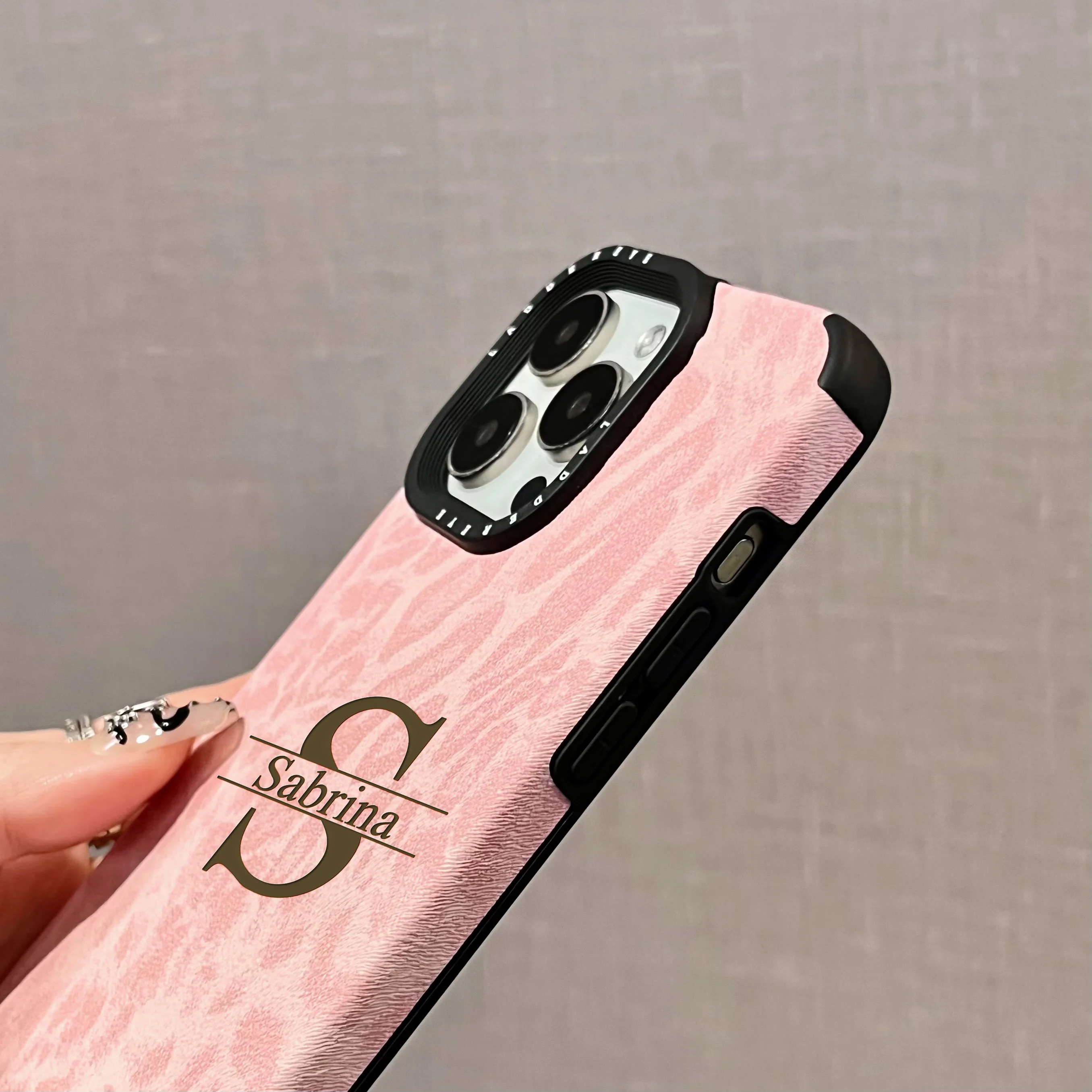 Customized Pink Leopard Synthetic Leather Phone Case with Personalized Name Cover