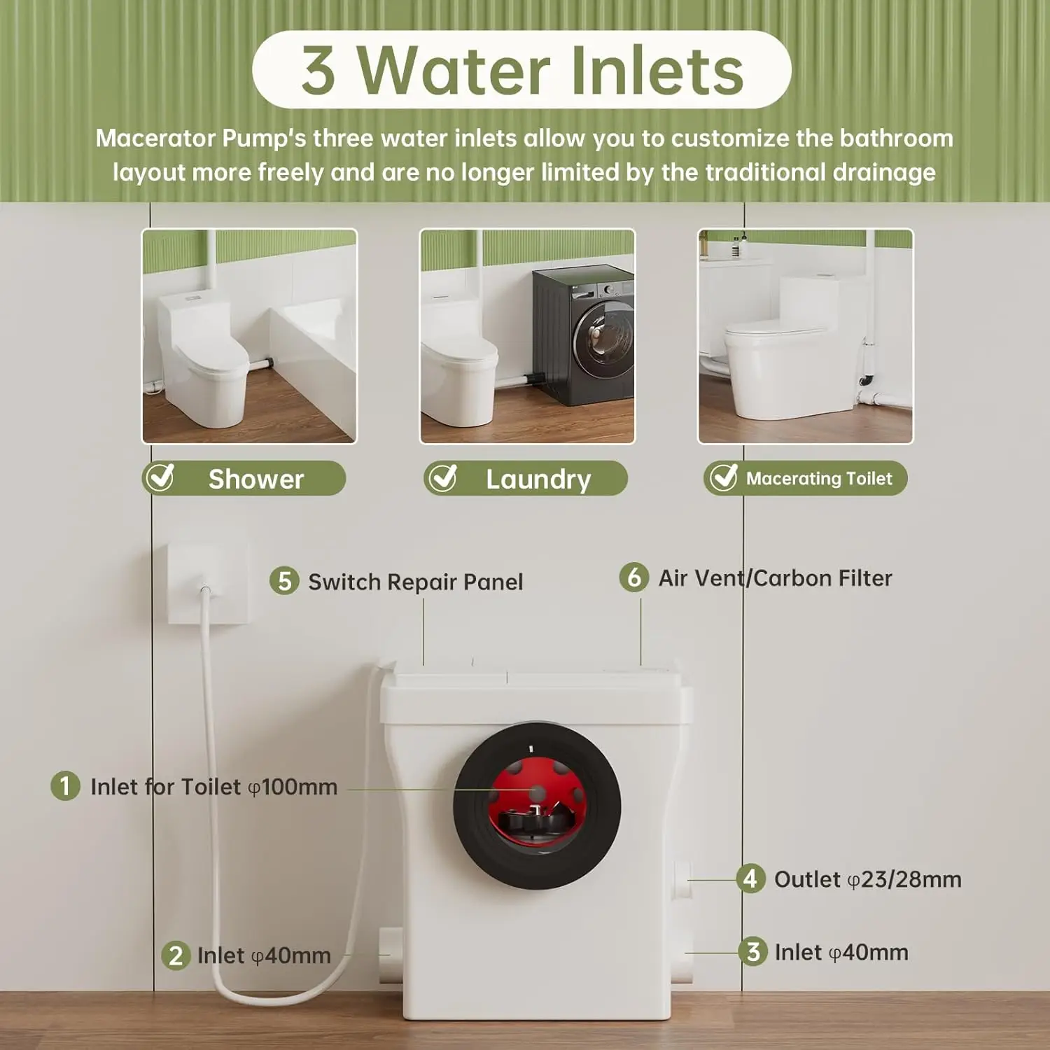 Simple Project Macerating Toilet 600w One-Piece Upflush , Powerful & Quiet Macerating Toilet System With 3 Water Inlet & Ac Vent 3
