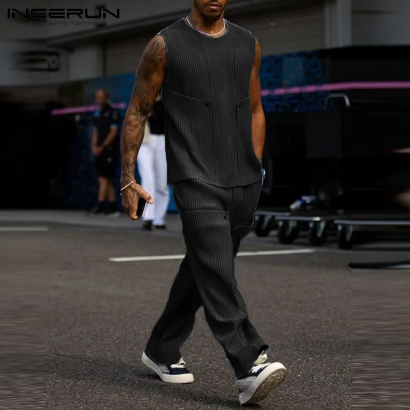 

Модные мужские комплекты INCERUN 2024 в американском стиле, трикотажные полосатые майки с круглым вырезом и брюки, Повседневная Уличная одежда, комплекты из двух предметов