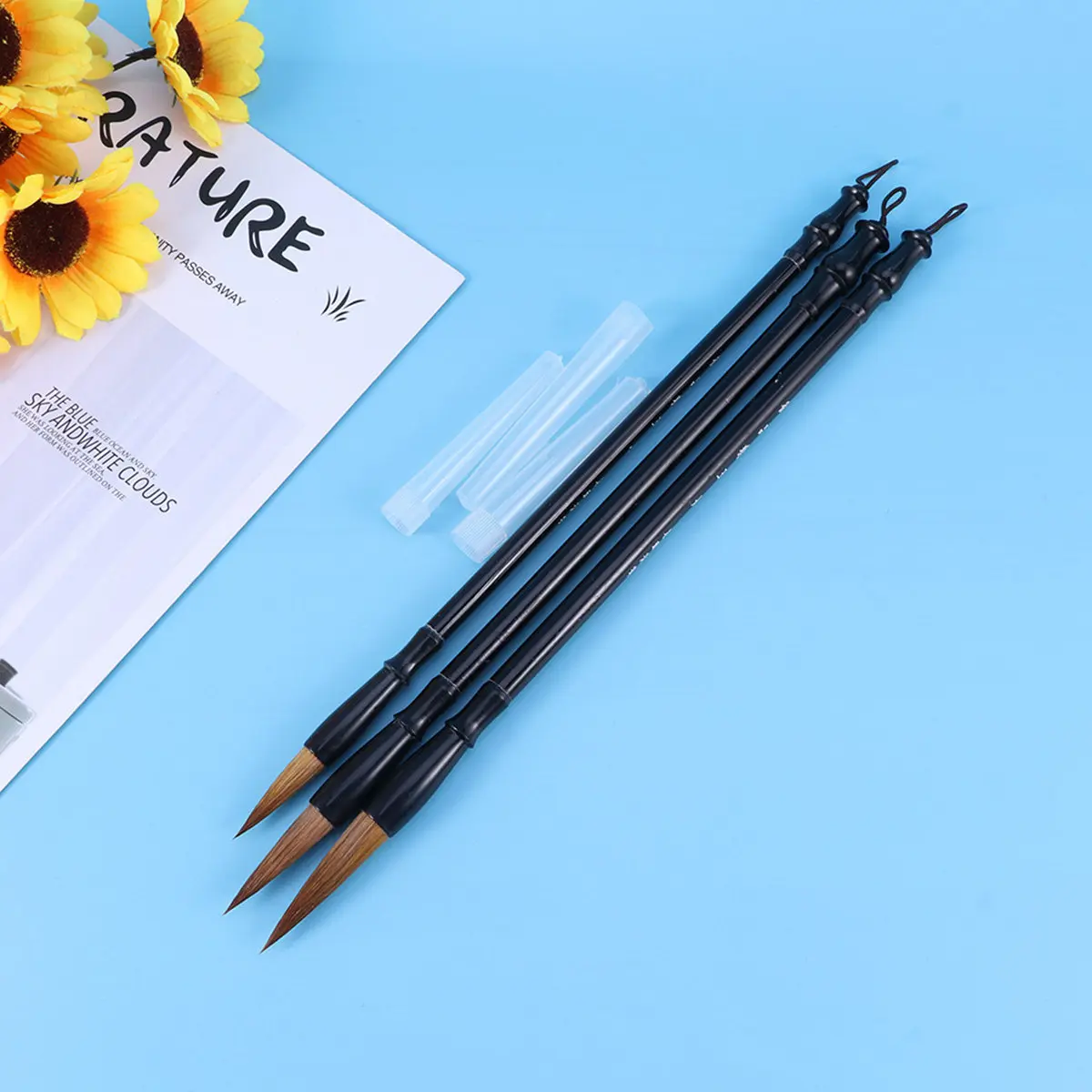 3Pcs 정통 늑대 머리 중국 서예 브러쉬 나무 손잡이 블랙 브라운 28Cm 272Cm 268Cm 수미 잉크 그리기 쓰기 예술