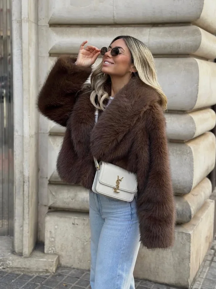 ジャケット・アウター 6(ROKU) V-NECK FAKE FUR COAT 6(ROKU) V-NECK FAKE FUR COAT Brown Fashion Lapel Fake Fur Coat