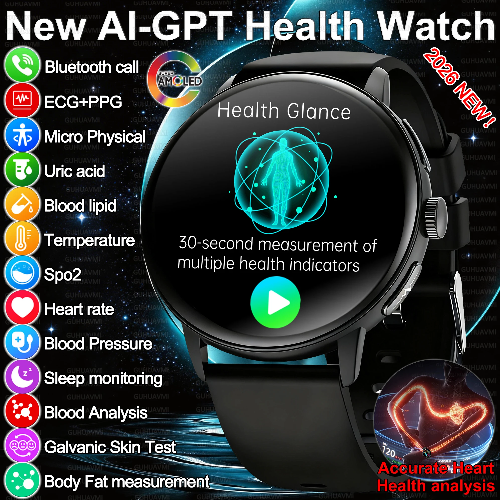 Nuovo Smartwatch 2026 con Diagnosi AI Accurata, Misurazione di Grasso Corporeo, Acido Urico, Pressione Sanguigna, ECG, Schermo AMOLED HD, Chiamate, Funzioni Sportive e Salute per Uomini e Donne