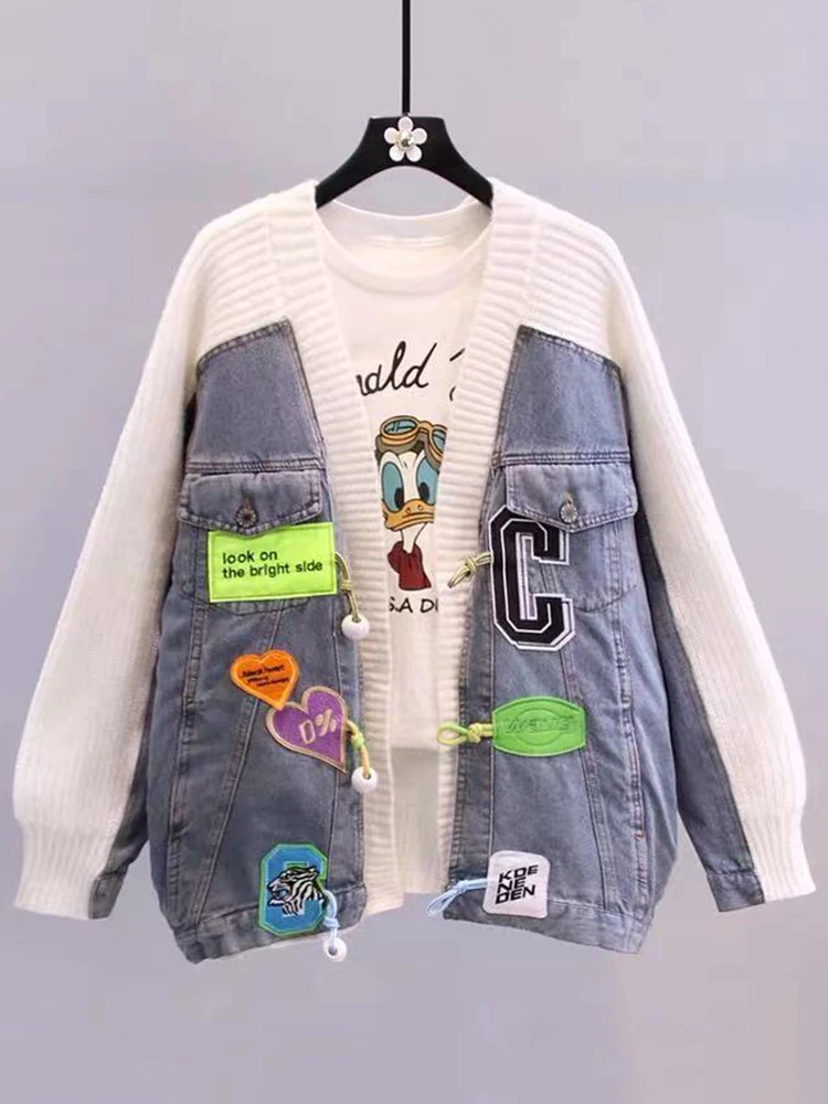 

Patchwork Hip Hop Lazy Denim Women Sweater Cardigans 2022 Autumn Winter Loose Knit Cardigan Female Jacket Oversized Sweater Coat