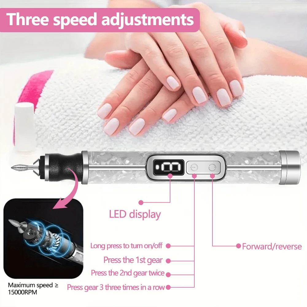 Professional Electric Nail Polishing Machine Nail Drill Multiple Gears Low Noise Nails Sander File Set For Manicure Salon Tools