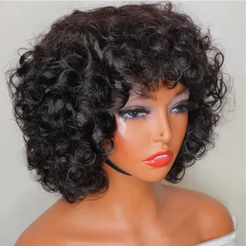 Parrucca Bob Corta Funmi Riccia Pronta da Indossare, Realizzata a Macchina, con Frangia, Senza Colla, Ricci Morbidi, in Capelli Umani Vietnamiti per Donne