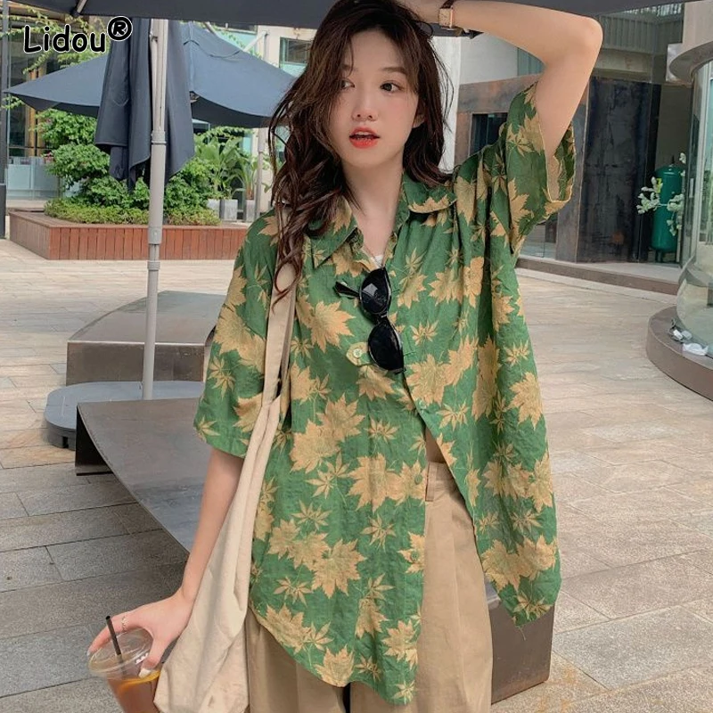 Fashion Casual Young Style Blouses Streetwear Printing Button Short Sleeve Turn-down Collar Loose Women's Clothing Summer Thin