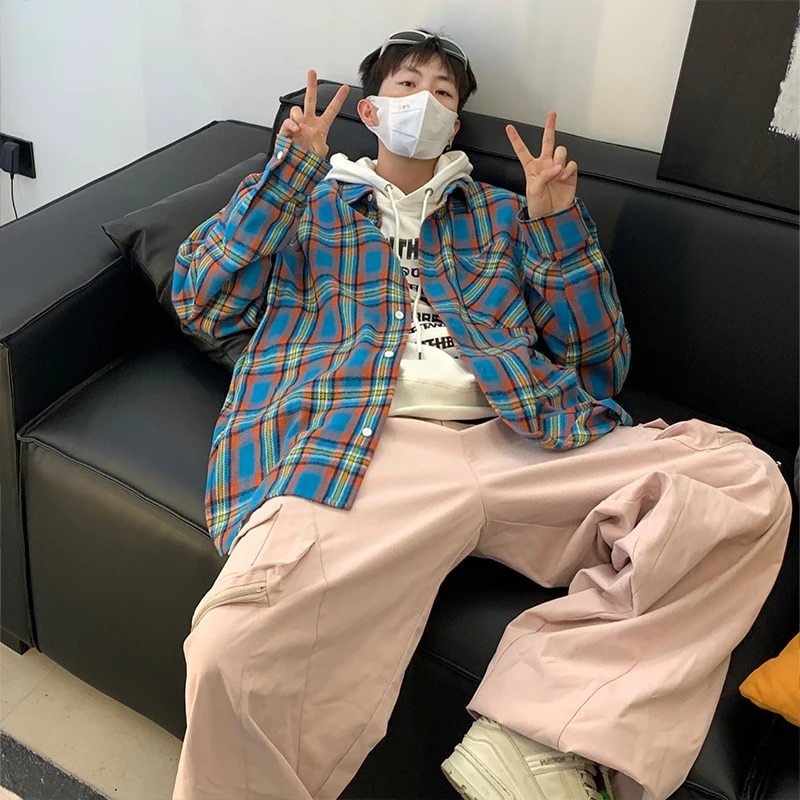 

Men's Plaid Shirts Korean Chic Casual Shirts Blouse Loose Oversized Tops Single Breasted Shirt Long Sleeved Harajuku Blue Shirt