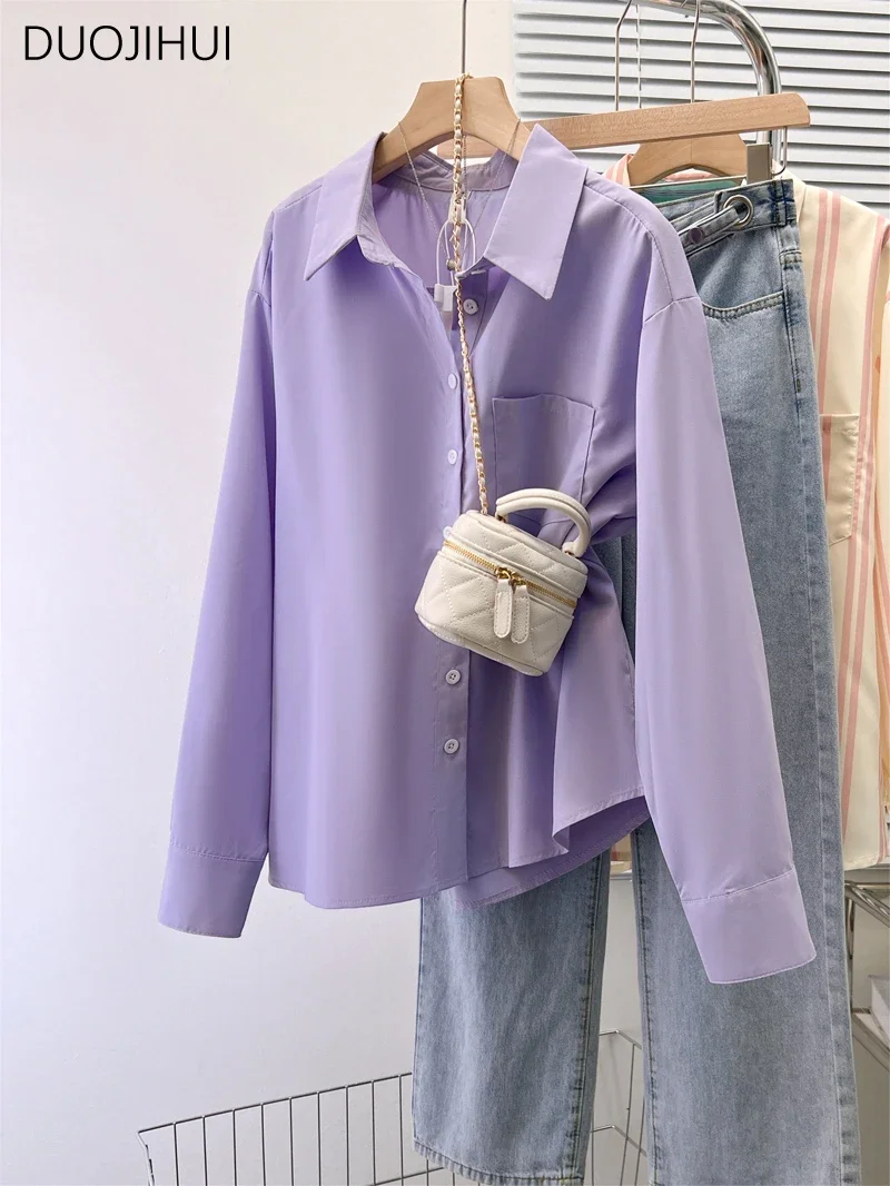 DUOJIHUI Purple Chic Polo Neck Loose Pocket Women Shirt Spring New Basic Long Sleeve Simple Pure Color Fashion S-XL Female Shirt