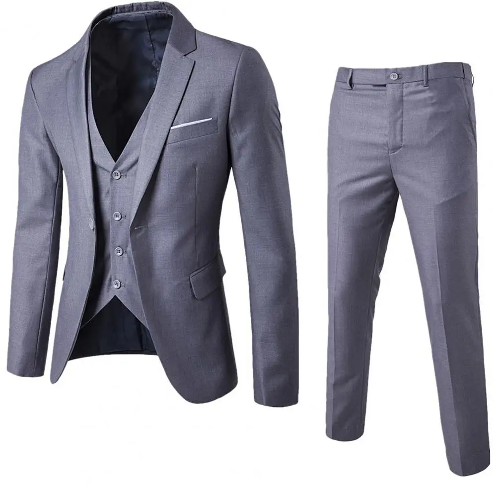 Korean Style Men Blazer Vest Pants Set Casual Business Buttons Cuff Blazer Vest Trousers Men Suit Wedding Groom Formal Suit 3