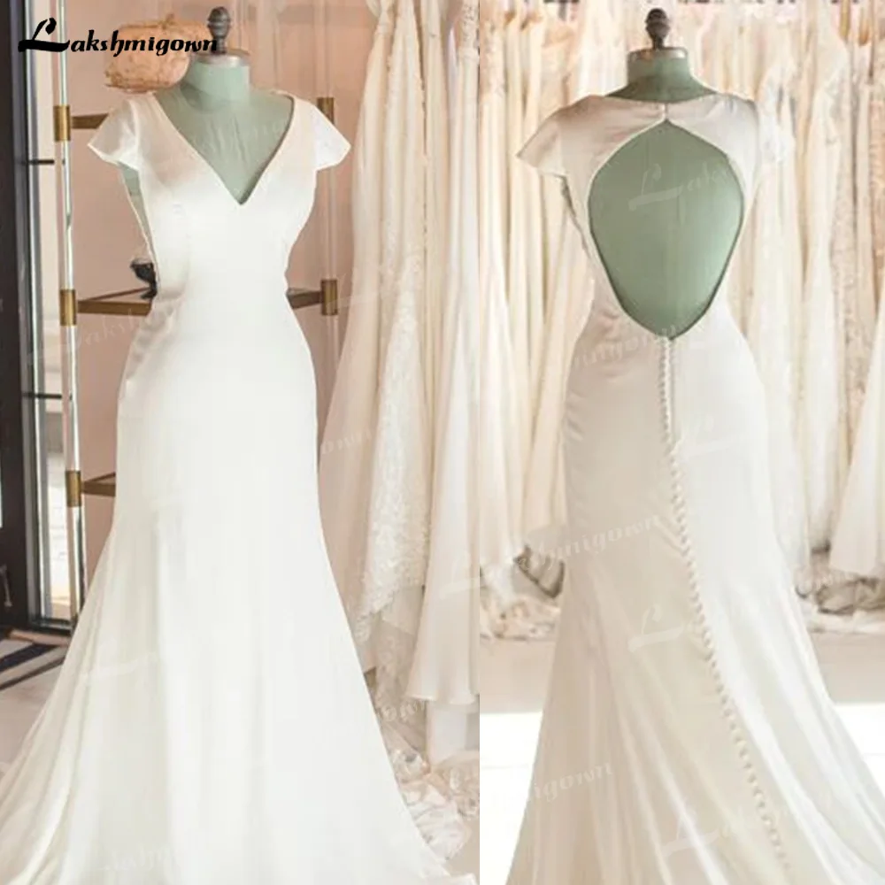 

Chic Backless Mermaid Wedding Dress for Women Bride Short Sleeve Button Satin Crepe Elegant Bridal Gowns vestidos de novia