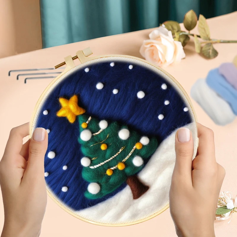 Wool Felting Painting Christmas Tree Falted Wool Art Embroidery Diy Needle Felt Picture Kit Craft Painting Gift