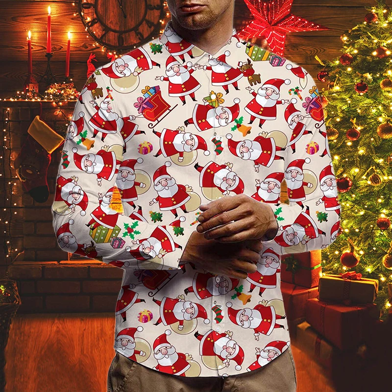 Men Christmas Shirts Xmas 3D Printed Long Sleeve Blouse Holiday Party Tops Slim Fit Tee Shirt For Men Harajuku Lapel Shirts