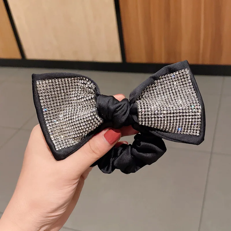 types of hair clips Elegant Bow Ribbon Scrunchies Fashion Ladies Simple Rhinestone Bow Wrap Hair Rope Design Korean Ponytail Girl Hair Accessories hairclips