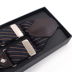 Men Stripe Y-Shape Suspender With Non-Slip 6 Clips Elastic Adjustable Pant Brace D5QB