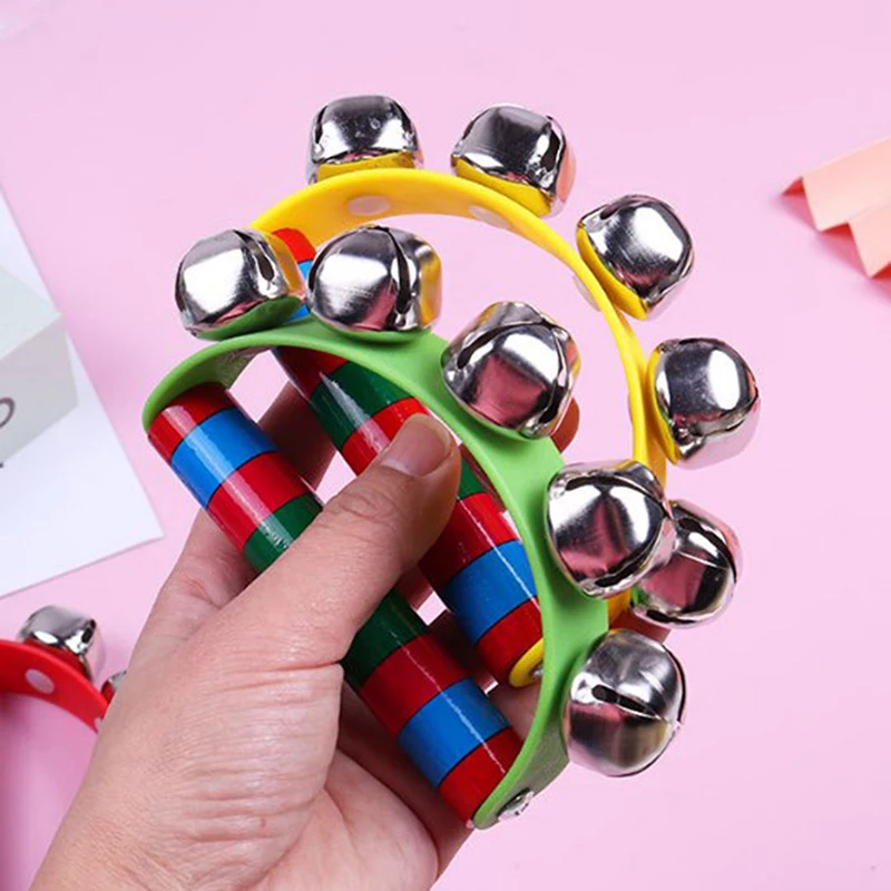 Children's Intellectual Props Handbell Hand Bells With 5 Jingle Bells Wood Handle Musical Instrument Toy For Music Class