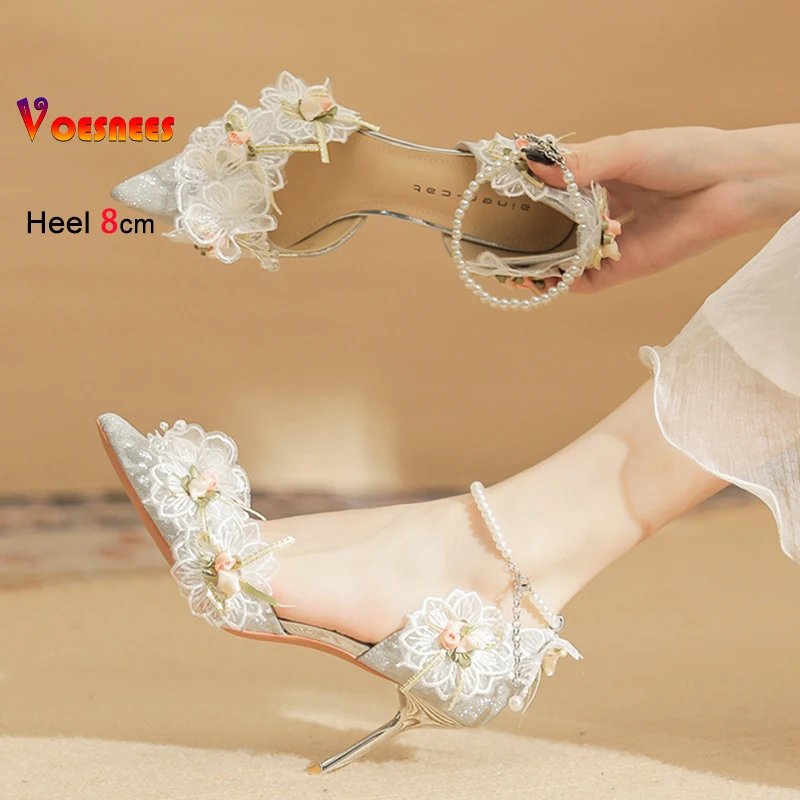 Women's Pumps Elegant Lady Evening Party Dress Prom Shoes 8CM Lace Flower Pearls Single Shoes Spring Summer Pointed High Heels 2