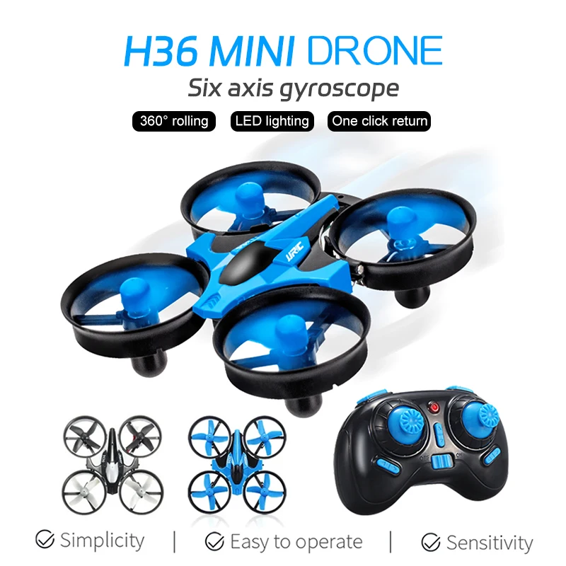 Trois batteries supplémentaires alignées à côté du mini drone H36, parfait pour acheter ce quadricoptère de poche avec caméra HD.