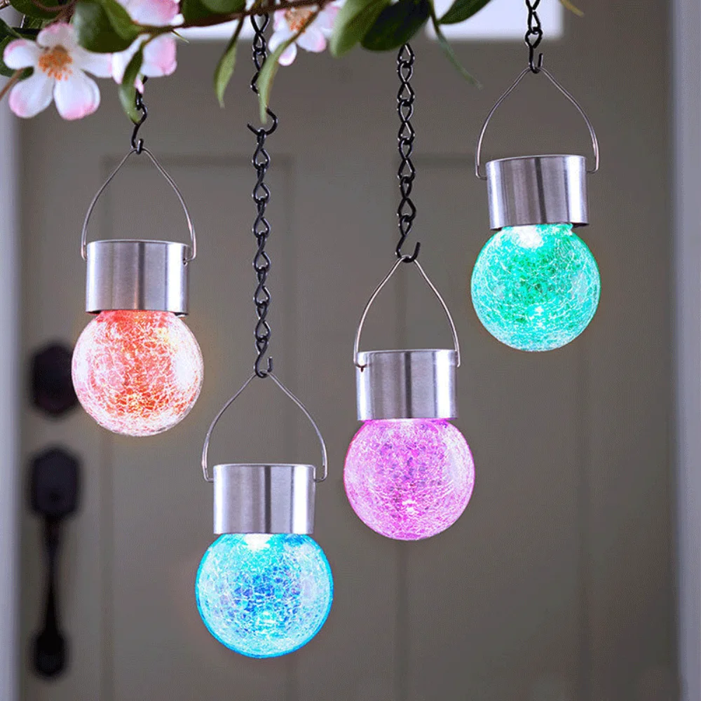 Solar Outdoor Lights Hanging Waterproof Lantern Cracked Glass Ball Lights Garden Outdoor Yard Tree Umbrella Holiday Decoration