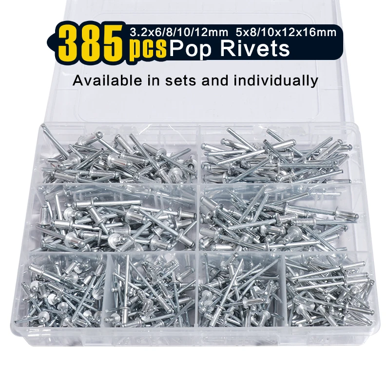 385 sztuk nitów zrywalnych aluminiowych w 8 rozmiarach (3,2x6/8/10/12mm 5x8/10/12/16mm), zestaw nitów zrywalnych (srebrny)