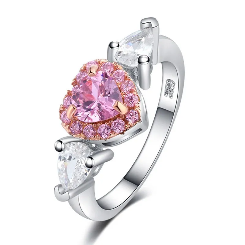 Women Rings Princess Propose Marriage Pink Heart Cubic Zirconia Engagement Wedding Jewelry