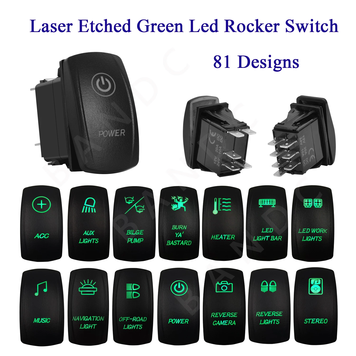 1 Pc Green Backlit Laser Etched 12V/24V Rocker Toggle Switch for Car