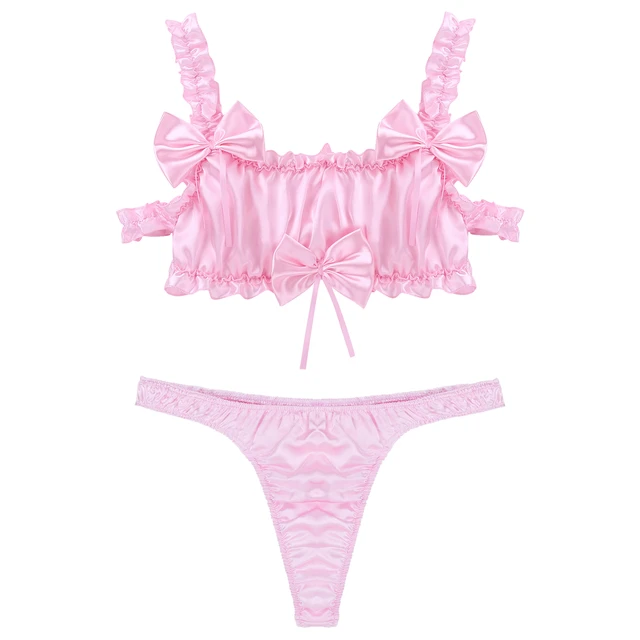 Sissy Pink White Satin Ruffled Bra Panties Set Top Knickers Mens