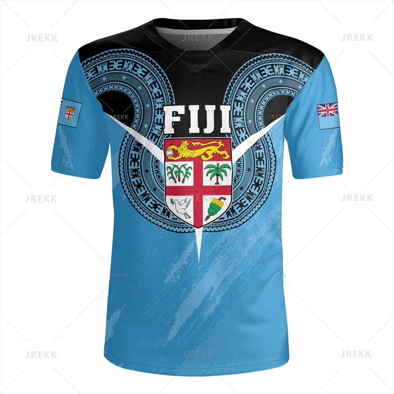 thumbnail image 1 of Camiseta con cuello en V y estampado 3D de la bandera de la República de Fiji Camiseta con cuello en V y emblema gráfico de rugby de Fiji para hombres Camisetas de moda, 1 of 5