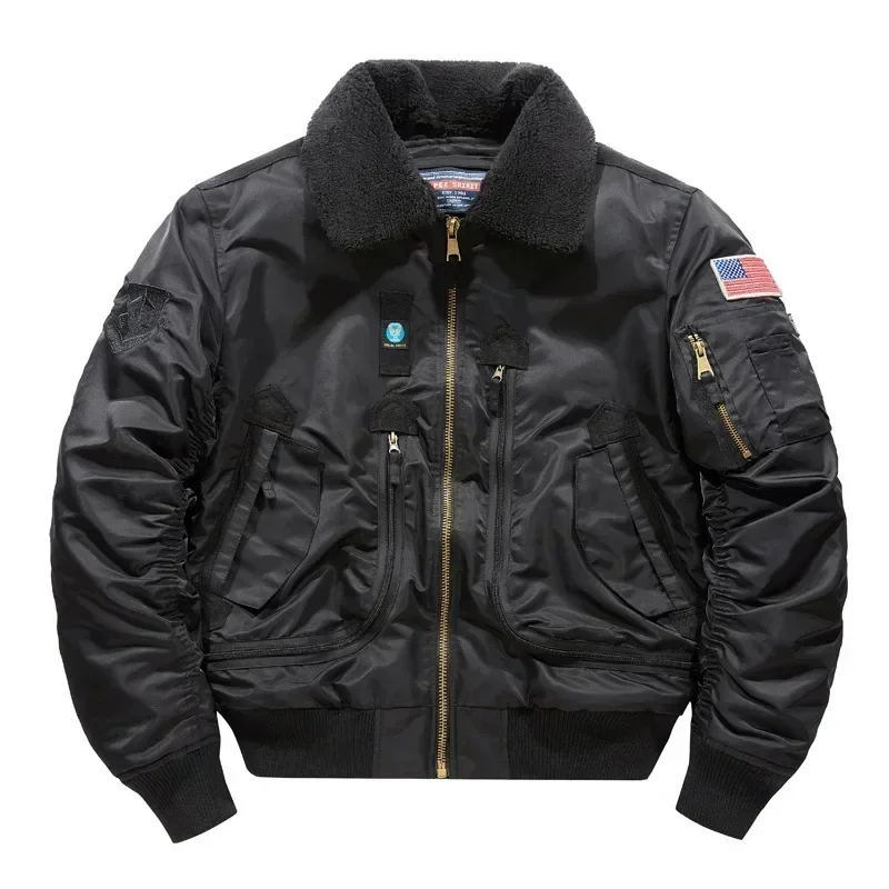 Winter Warm Short Men Tactical Retro Jackets Big Pocket Pilot MA-1 Coat ArmyGreen Bomber Jacket Zipper Lapel Overcoat