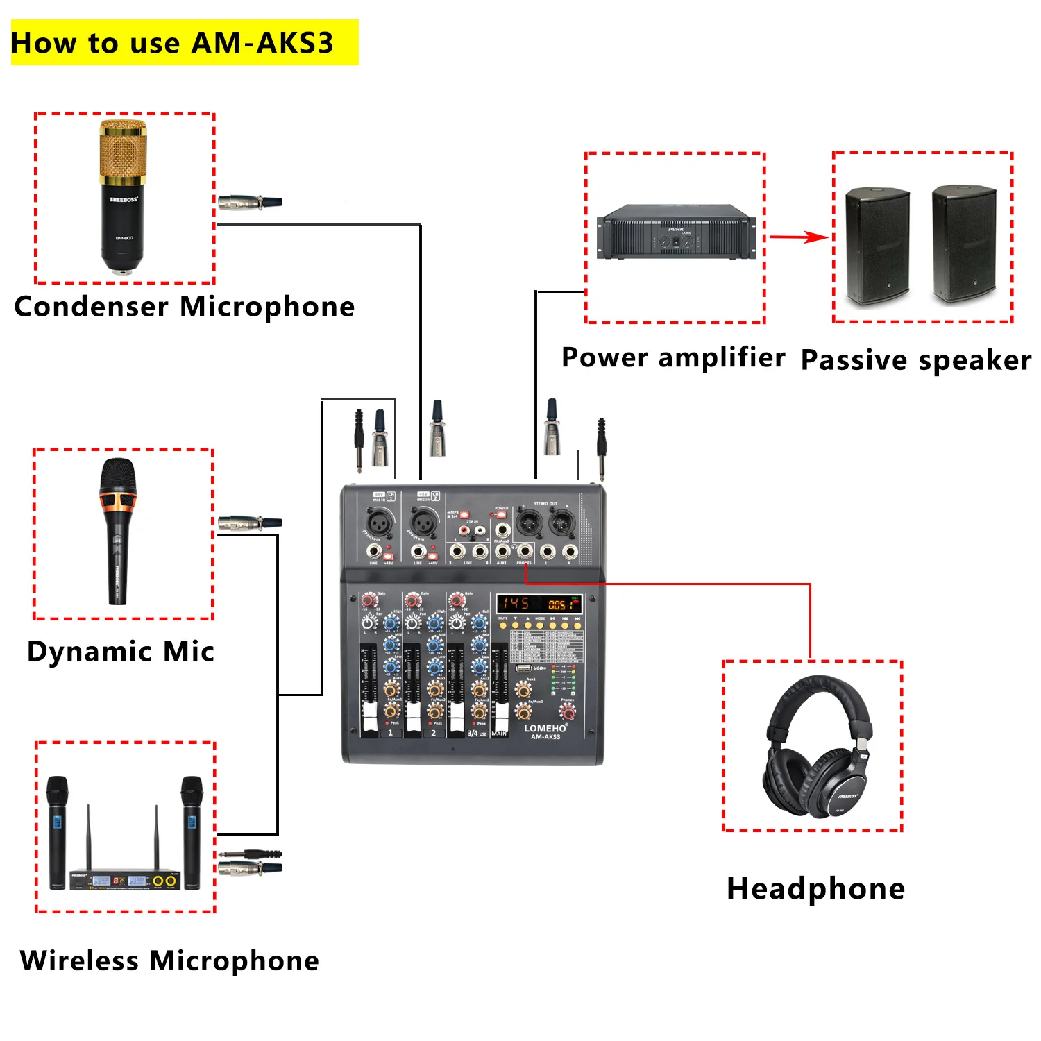 4 Channel Sound Mixer 320 Effects Bluetooth Audio Mixing Console 2 Mono 1 Stereo USB Play Record Church Party DJ AM-AKS3 audio mixer