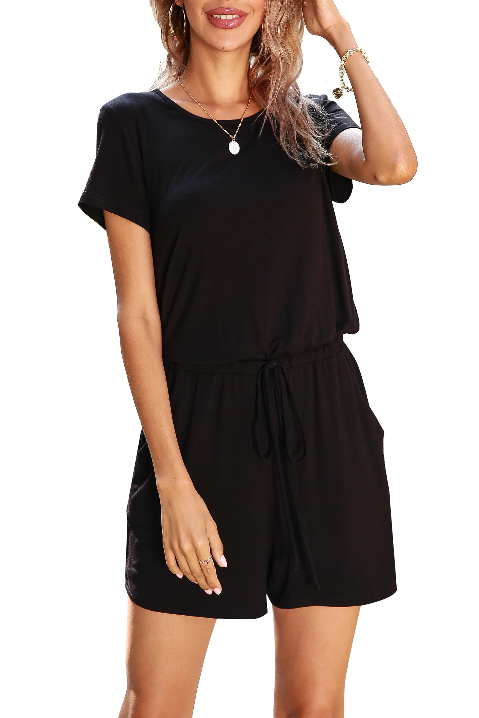 LEVACA Drawstring Waist Black Casual Scoop Neck Short Sleeve Solid Romper For Womens Summer