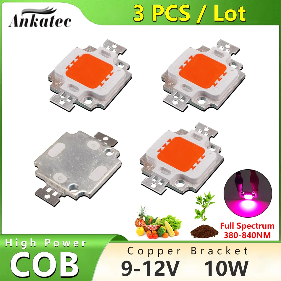 3 pcs/lot Full Spectrum 380-840nm LED COB Chip Lamp Beads 10W High Power 9-12V Copper Bracket Greenhouse Plant Grow Light led grow light grow light