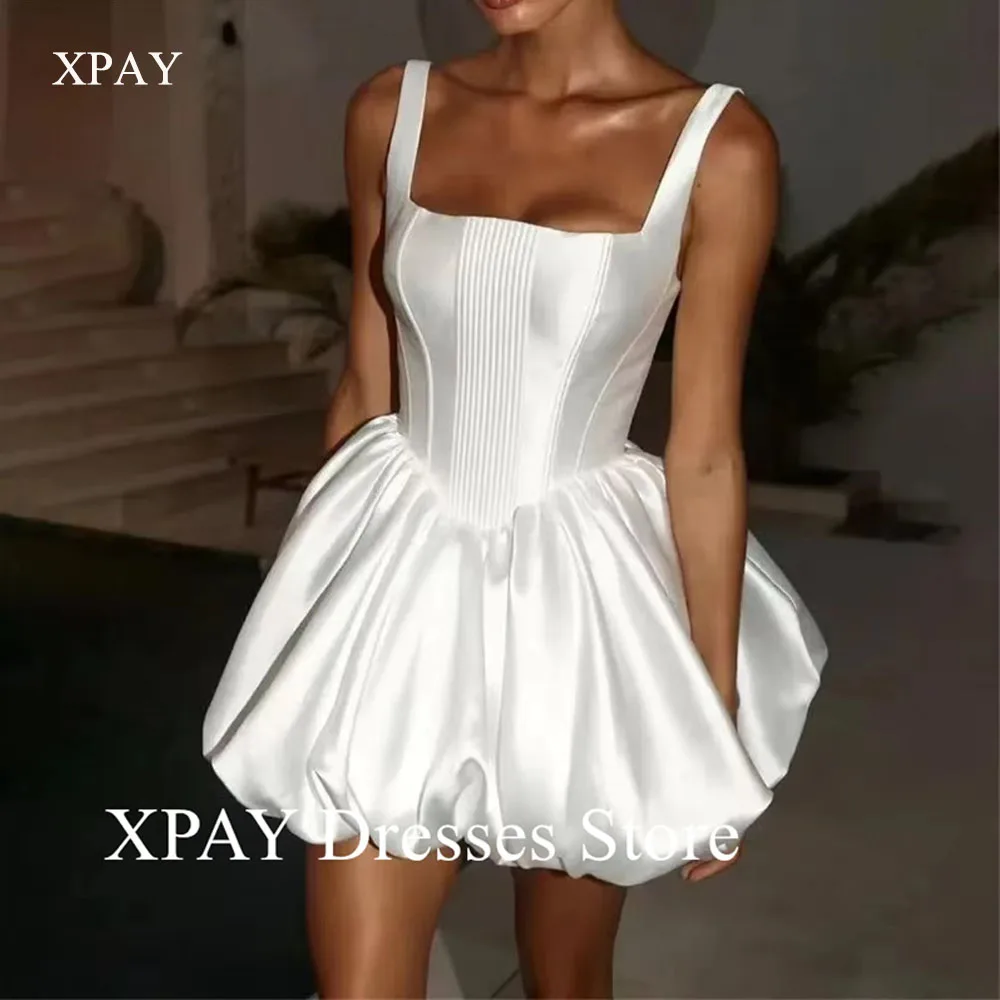 XPAY 2025 White Mini Pleated Lace-up Back Wedding Dress Square Neck vestidos de novia Bow Straps Customized Party Dresses