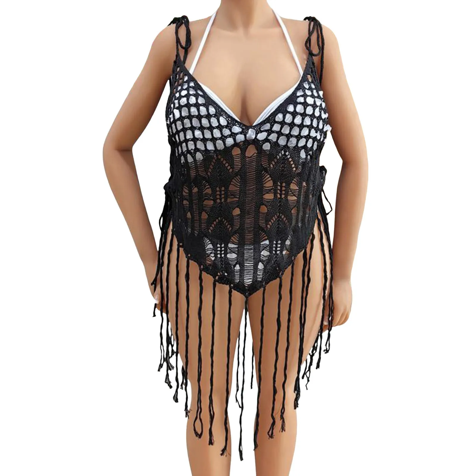 

Women's Camisole Border European And American Clothing Tassel Splicing Strap Bikini Cover Up Sexy See Through Woven