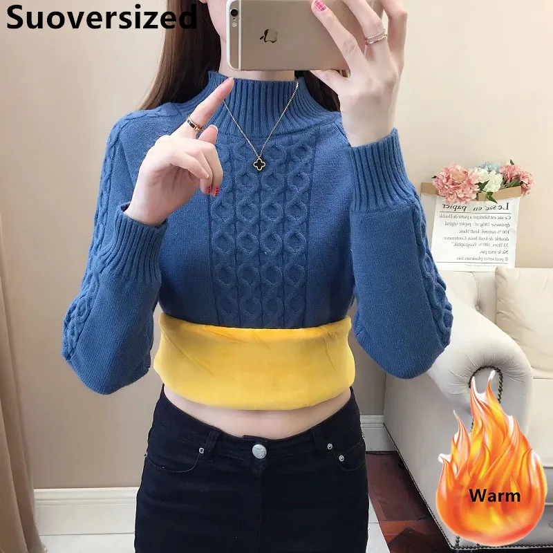 

Winter Warm Mock Neck Sweater Plush Lined Slim Bottomed Pullover Thicken Casual Knitted Jumper Korean Women Long Sleeve Tops