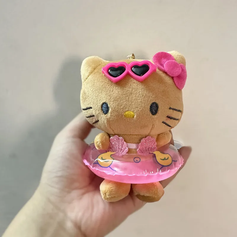Black Hawaiian Hello Kitty Swim Ring Keychain Plush Toys Kawaii Cartoon Backpack Small Pendant Doll Gifts Girls Kid Holiday Gift