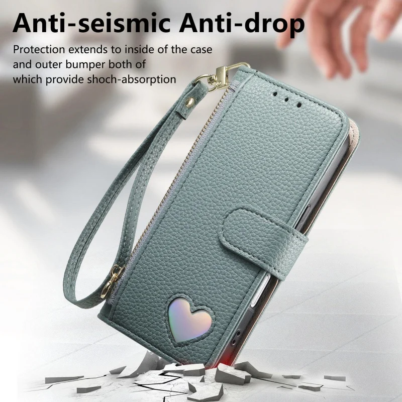 Luxurious Leather Zipper Wallet Phone Case with Wrist Strap and Card Holder