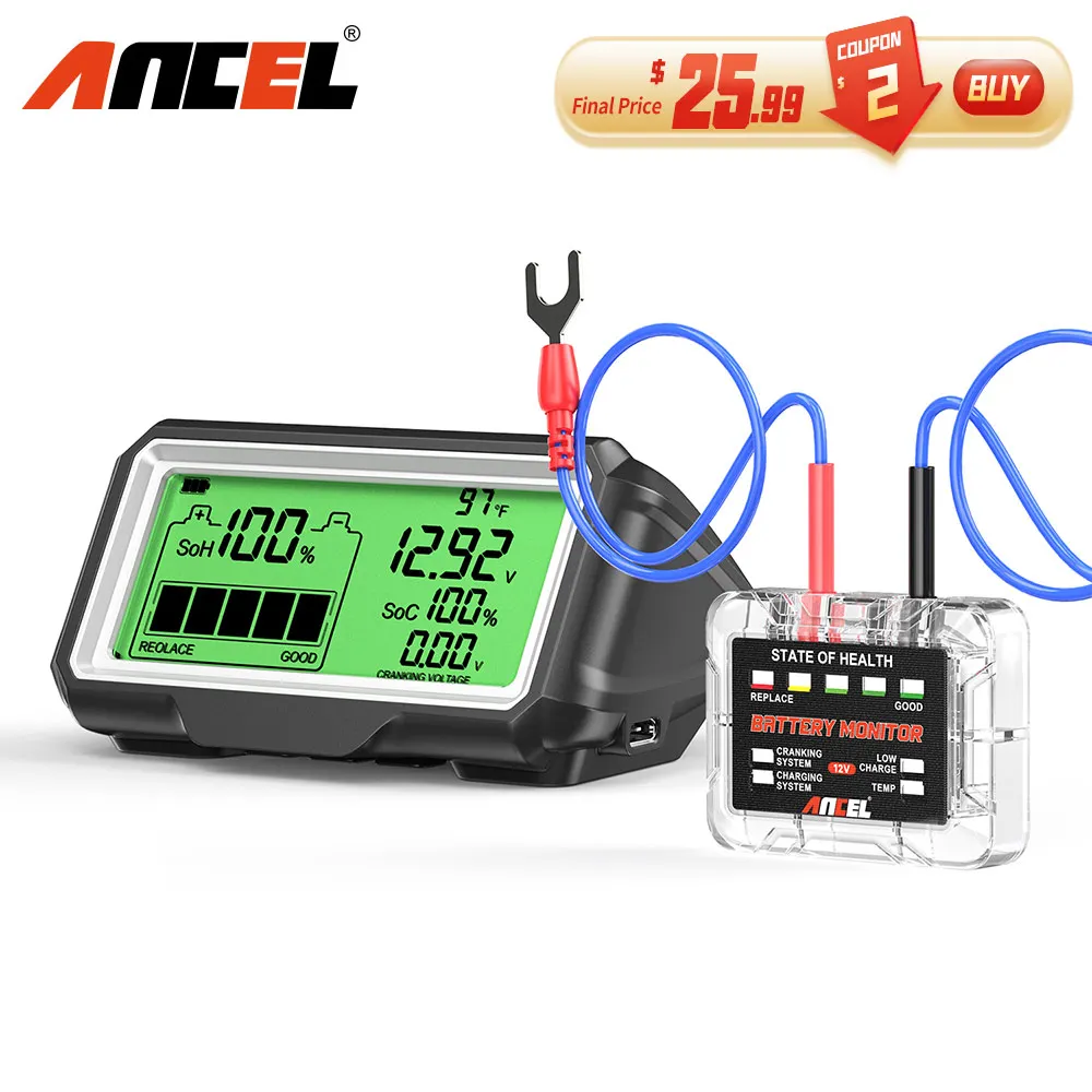 ANCEL BM200 PRO 12V ความจุ Tester Monitor จอแสดงผล LED กันน้ำ SOH