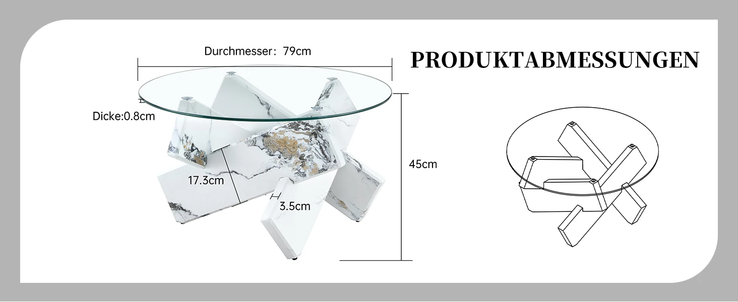 Mehrfarbig optionaler runder Couchtisch aus MDF + Glas: weiße, marmorierte Stützbeine, schlicht und stilvoll. 79cm Durchmesser – Detail 11