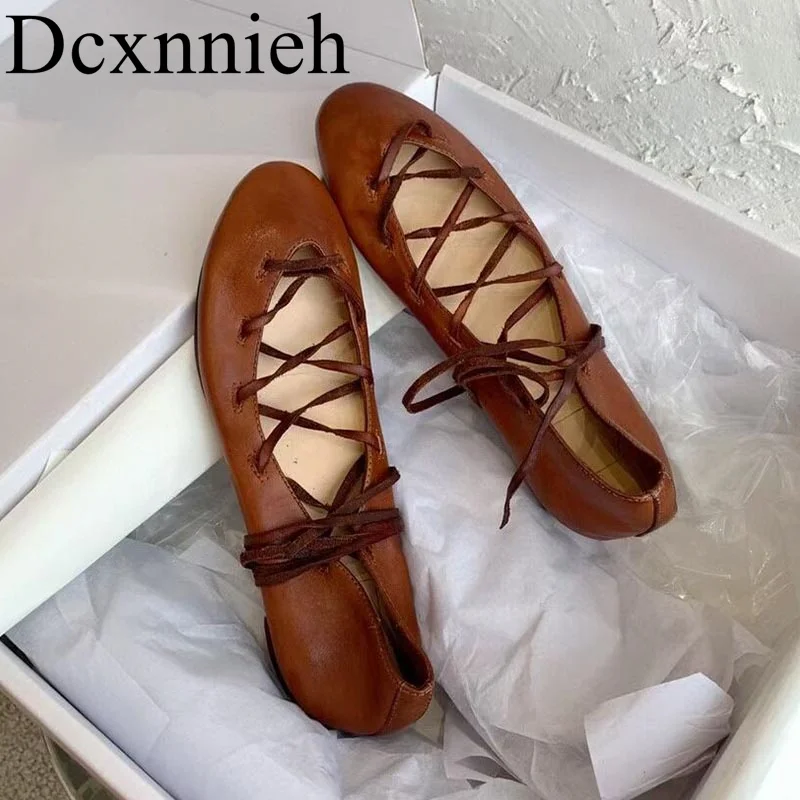 

Spring New Cross Strap Flat Shoes Women's Round Head Vintage Genuine Leather Ballet Dance Shoes Casual Shallow Mouth Single Shoe