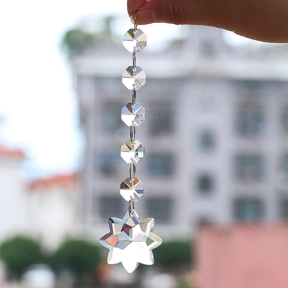 Clear Glass Charm Pendant Octagon Bead Metal Connector Faceted Prism Flower Stars Crystal Dangle Shiny Sun Catcher Hanging Decor